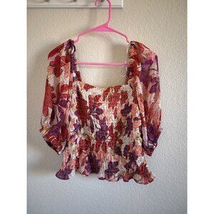 Old Navy Smocked Peplum Top Puff Sleeve Boho Blouse Womens Medium Spring Summer